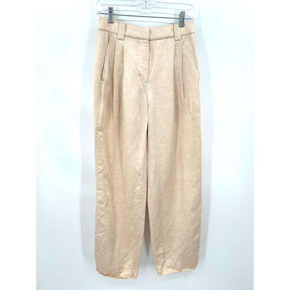 A.L.C. Blush Pink Beige High Waist Pleated Wide Leg Linen Blend Silky Trousers 0